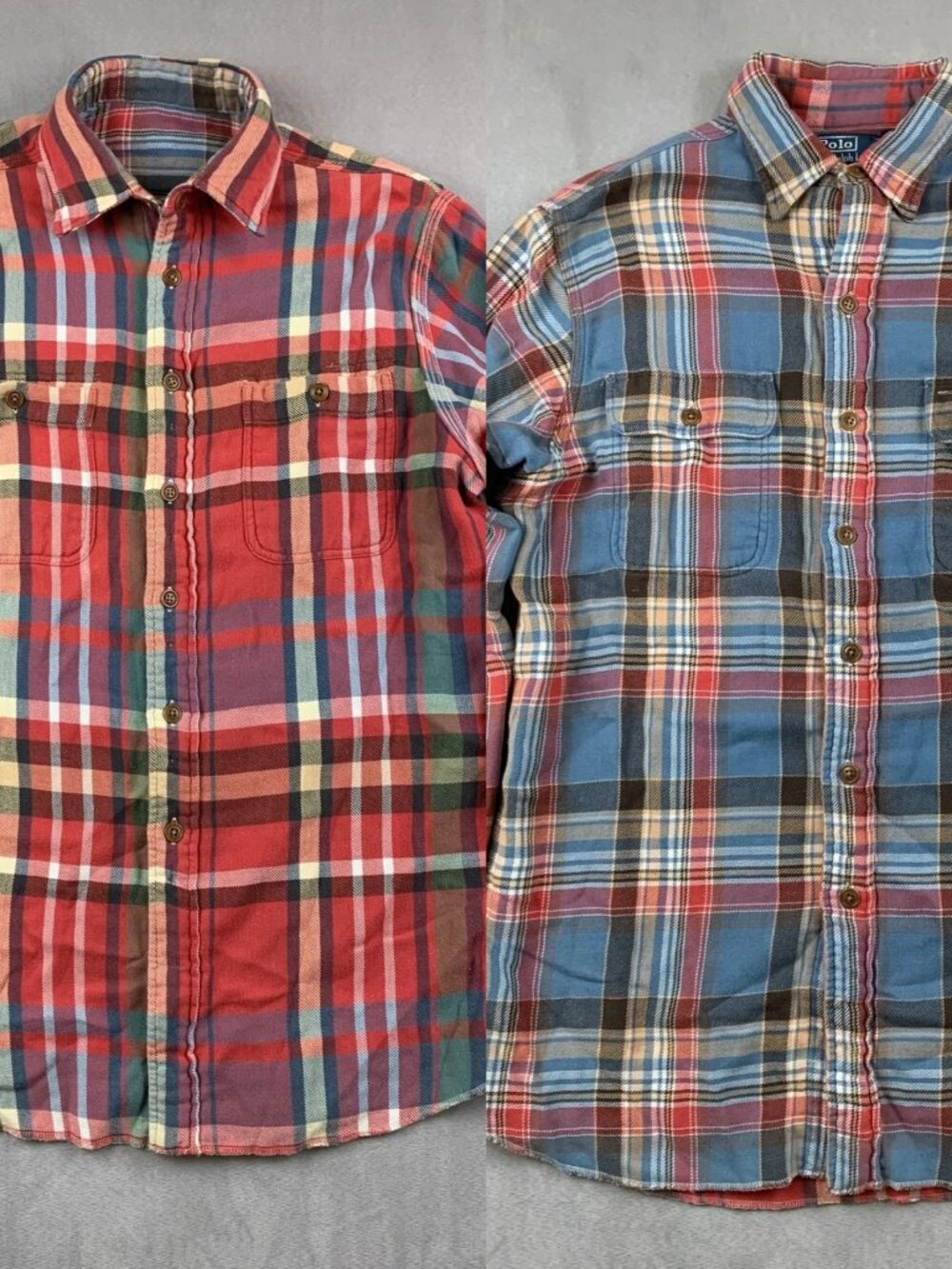 Vintage Ralph Lauren Polo Reversible Flannel Medium Blue Red Plaid Work Shirt